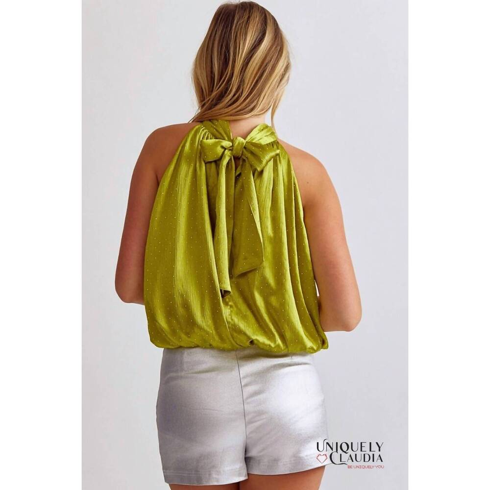 NEW ENTRO carola embellished halter top in martini olive - Picture 3 of 8